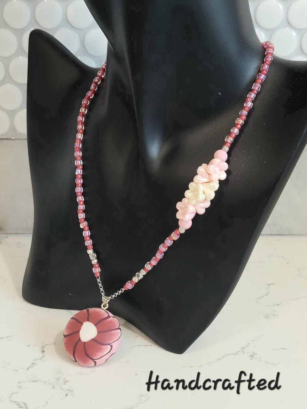 Hand Crafted Kids' Pink Floral Pendant Beaded Necklace